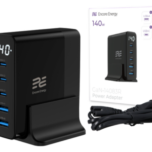 Nová síťová nabíječka Encore Energy GaN QC 4+ PD 3.0 USB-A x2 USB-C x3 140W GaN-14083R s displejem