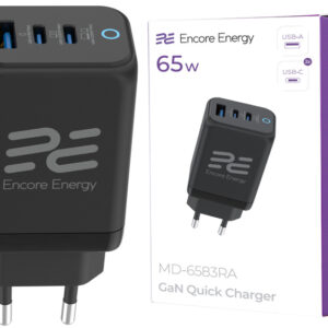 Síťová nabíječka 65W USB-A + 2x USB-C QC PPS PD Encore Energy MD-6583RA