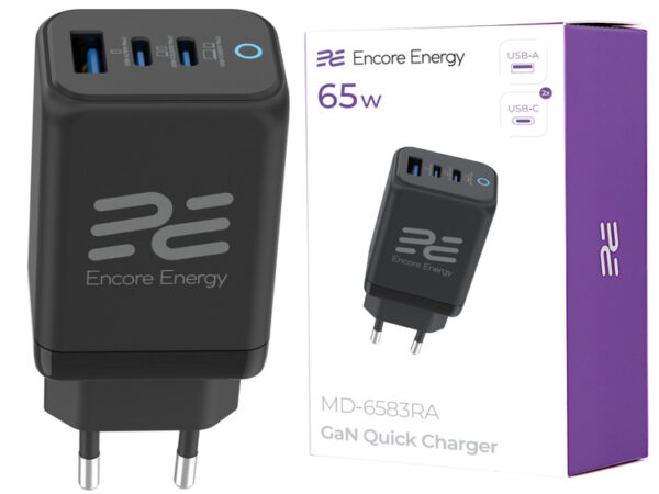 Síťová nabíječka 65W USB-A + 2x USB-C QC PPS PD Encore Energy MD-6583RA